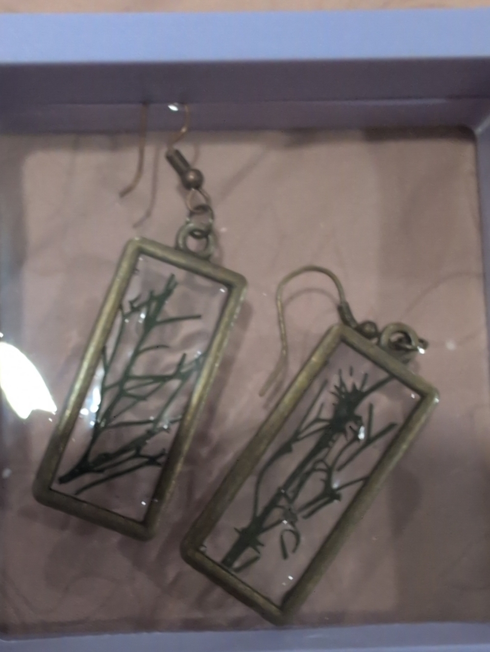 Green Botanical Rectangular Drop Earrings - Women Jewelry Handmade Resin Real